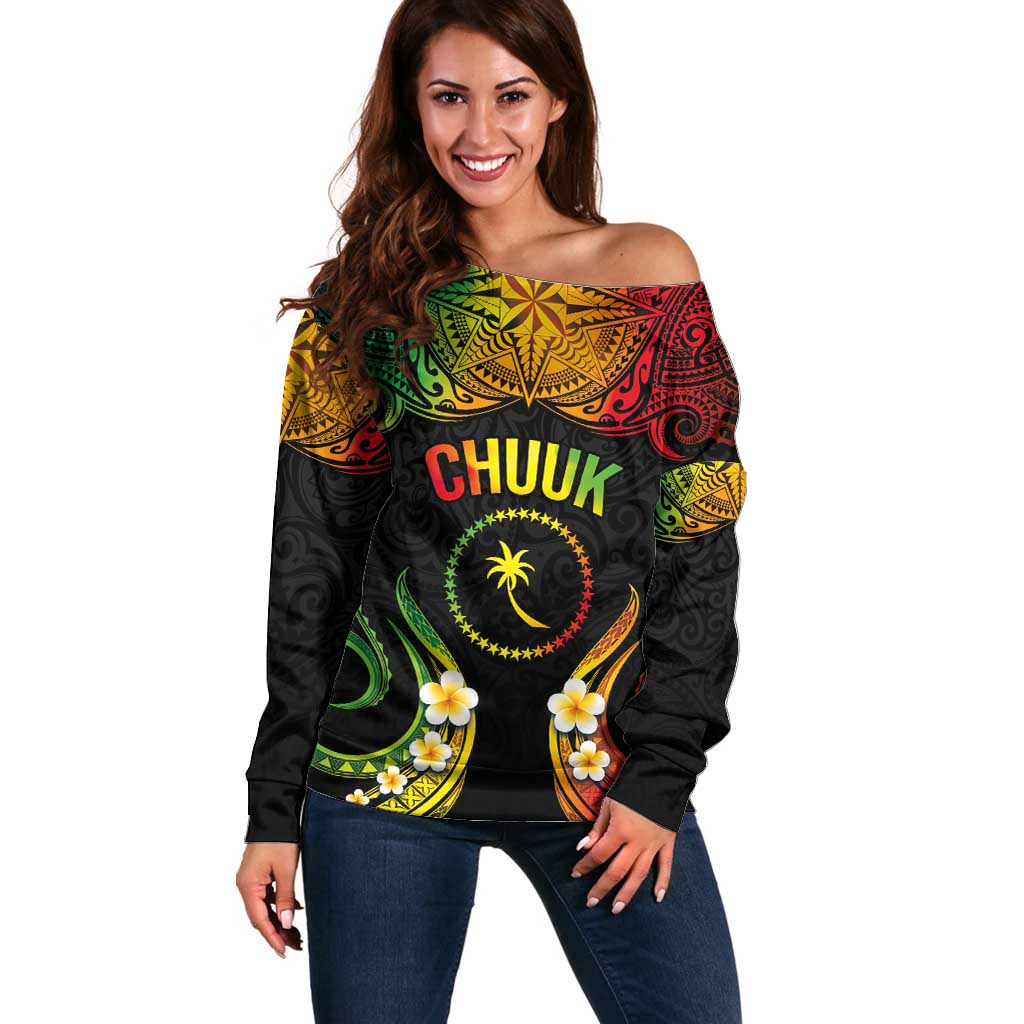 Personalised Chuuk Independence Day Off Shoulder Sweater Polynesian Tattoo and Plumeria Reggae Color LT03 Women Reggae - Polynesian Pride