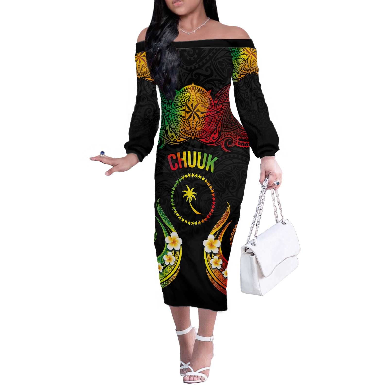 Personalised Chuuk Independence Day Off The Shoulder Long Sleeve Dress Polynesian Tattoo and Plumeria Reggae Color LT03 Women Reggae - Polynesian Pride