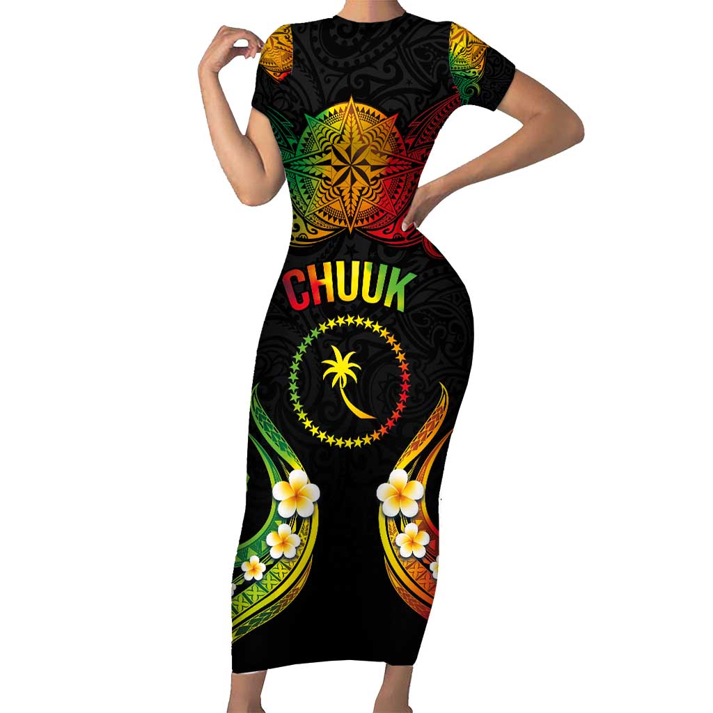 Personalised Chuuk Independence Day Short Sleeve Bodycon Dress Polynesian Tattoo and Plumeria Reggae Color LT03 Long Dress Reggae - Polynesian Pride