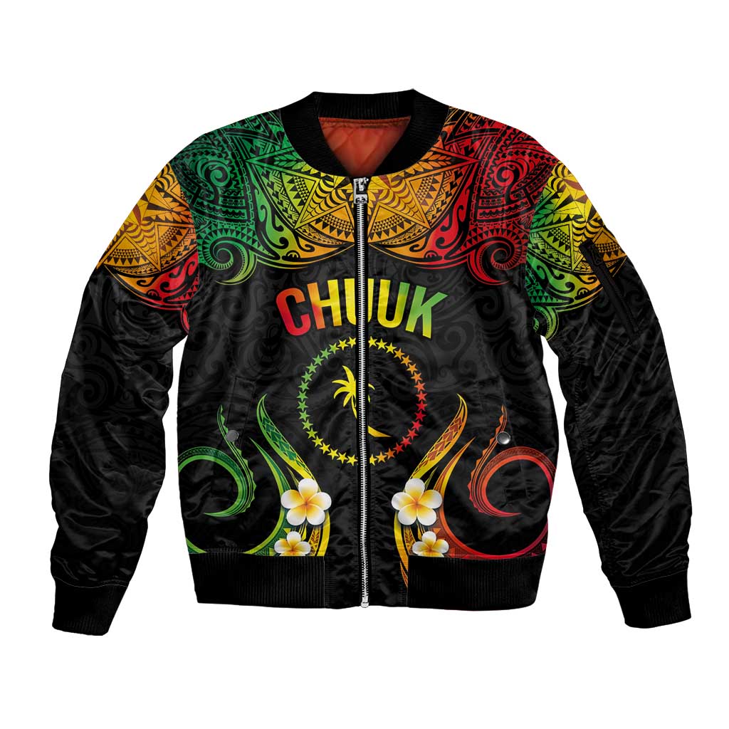 Personalised Chuuk Independence Day Sleeve Zip Bomber Jacket Polynesian Tattoo and Plumeria Reggae Color LT03 Unisex Reggae - Polynesian Pride