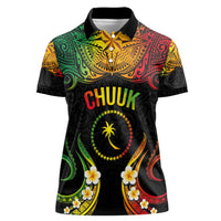 Personalised Chuuk Independence Day Women Polo Shirt Polynesian Tattoo and Plumeria Reggae Color