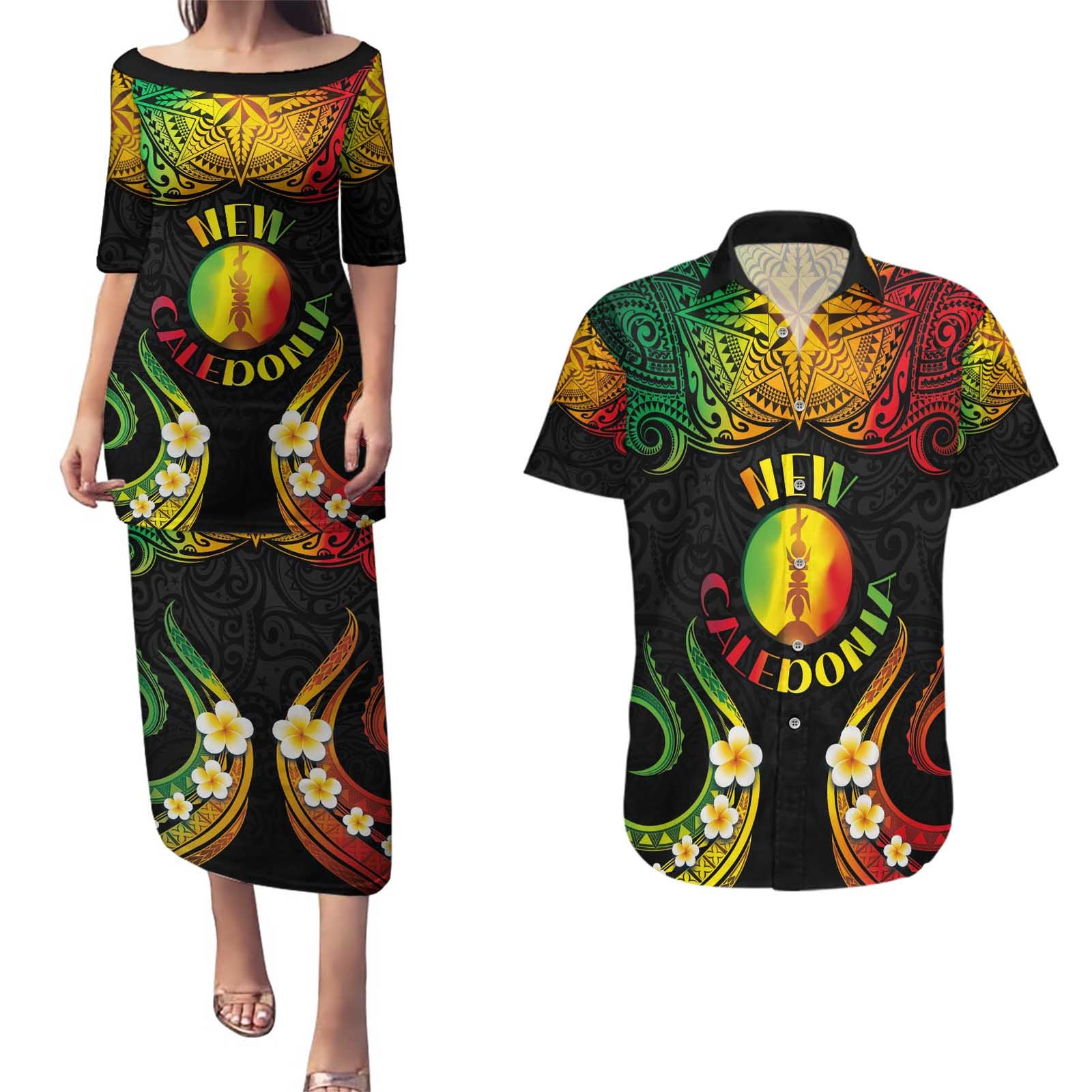 Personalised New Caledonia Independence Day Couples Matching Puletasi and Hawaiian Shirt Polynesian Tattoo and Plumeria Reggae Color LT03 Reggae - Polynesian Pride