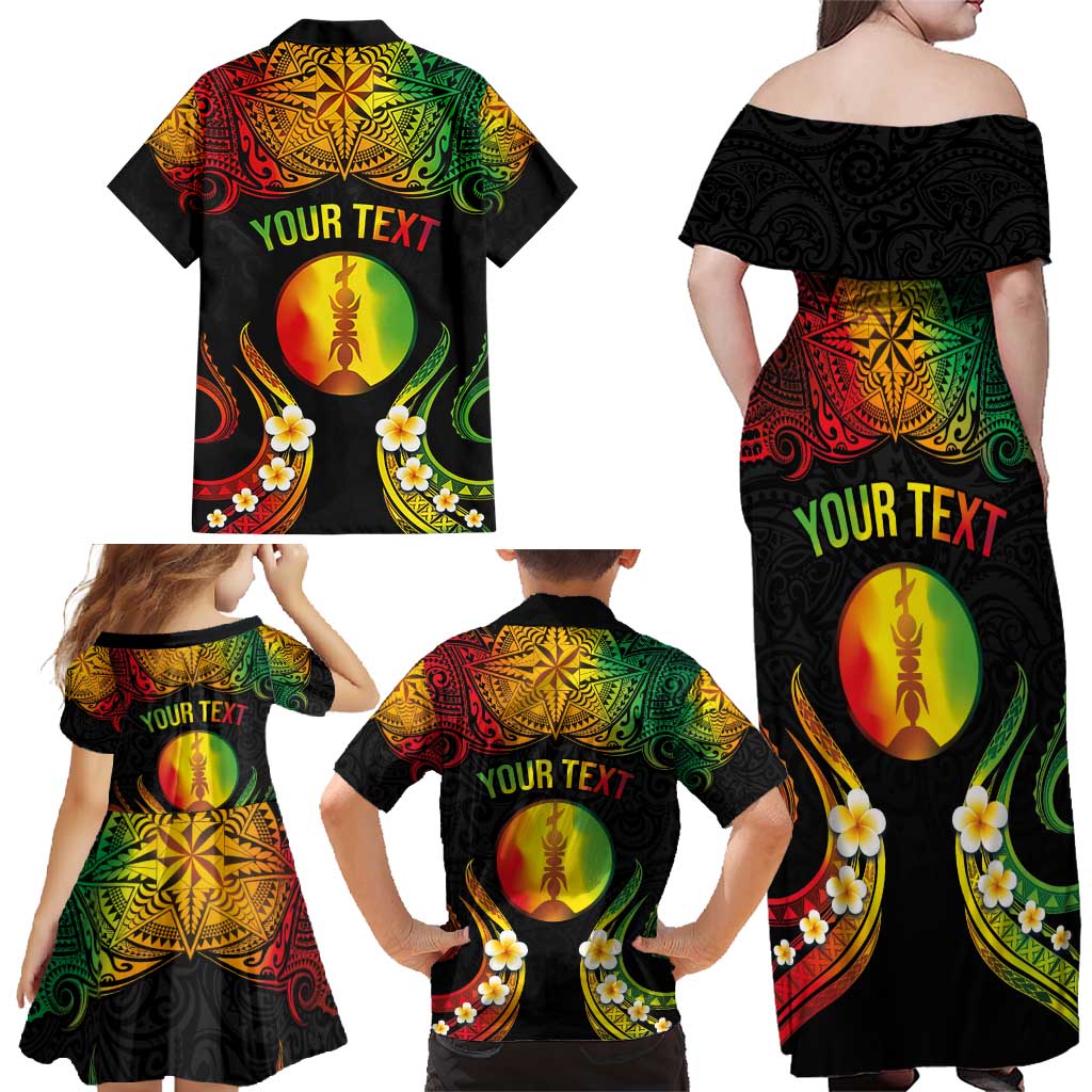 Personalised New Caledonia Independence Day Family Matching Off Shoulder Maxi Dress and Hawaiian Shirt Polynesian Tattoo and Plumeria Reggae Color