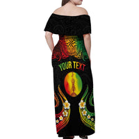 Personalised New Caledonia Independence Day Family Matching Off Shoulder Maxi Dress and Hawaiian Shirt Polynesian Tattoo and Plumeria Reggae Color