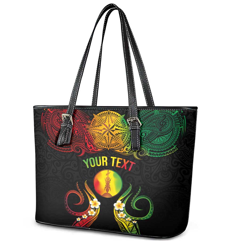 Personalised New Caledonia Independence Day Leather Tote Bag Polynesian Tattoo and Plumeria Reggae Color