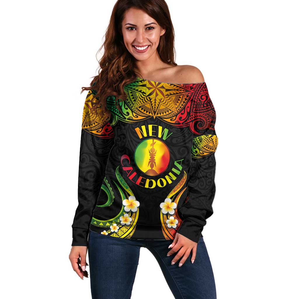 Personalised New Caledonia Independence Day Off Shoulder Sweater Polynesian Tattoo and Plumeria Reggae Color LT03 Women Reggae - Polynesian Pride