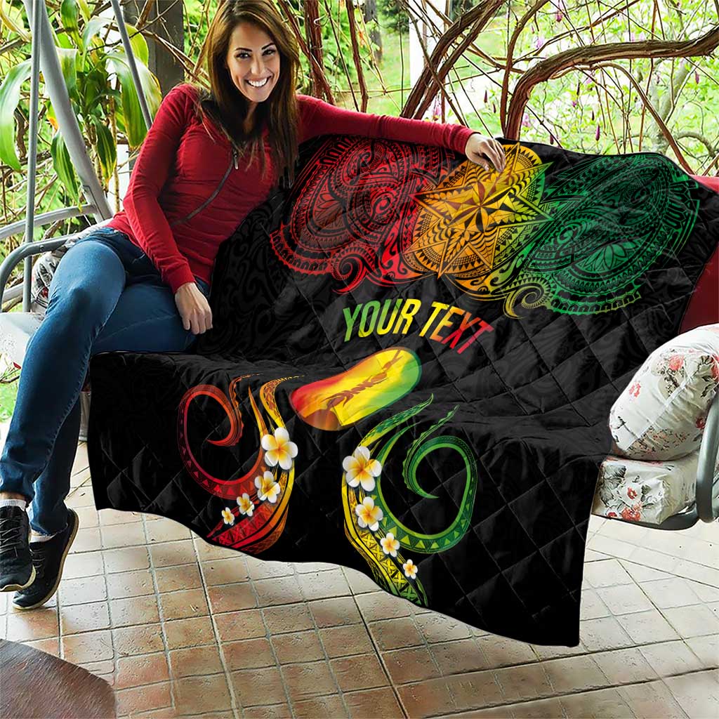 Personalised New Caledonia Independence Day Quilt Polynesian Tattoo and Plumeria Reggae Color