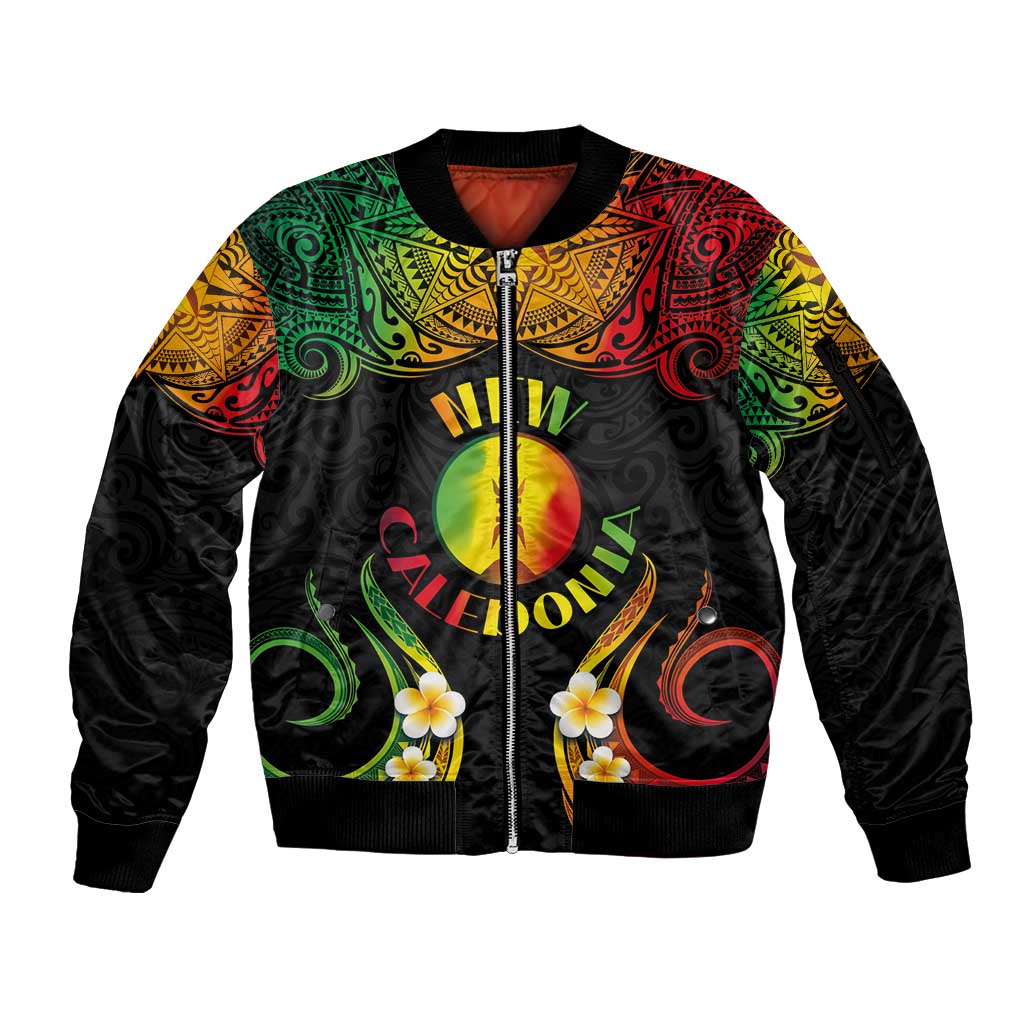 Personalised New Caledonia Independence Day Sleeve Zip Bomber Jacket Polynesian Tattoo and Plumeria Reggae Color LT03 Unisex Reggae - Polynesian Pride