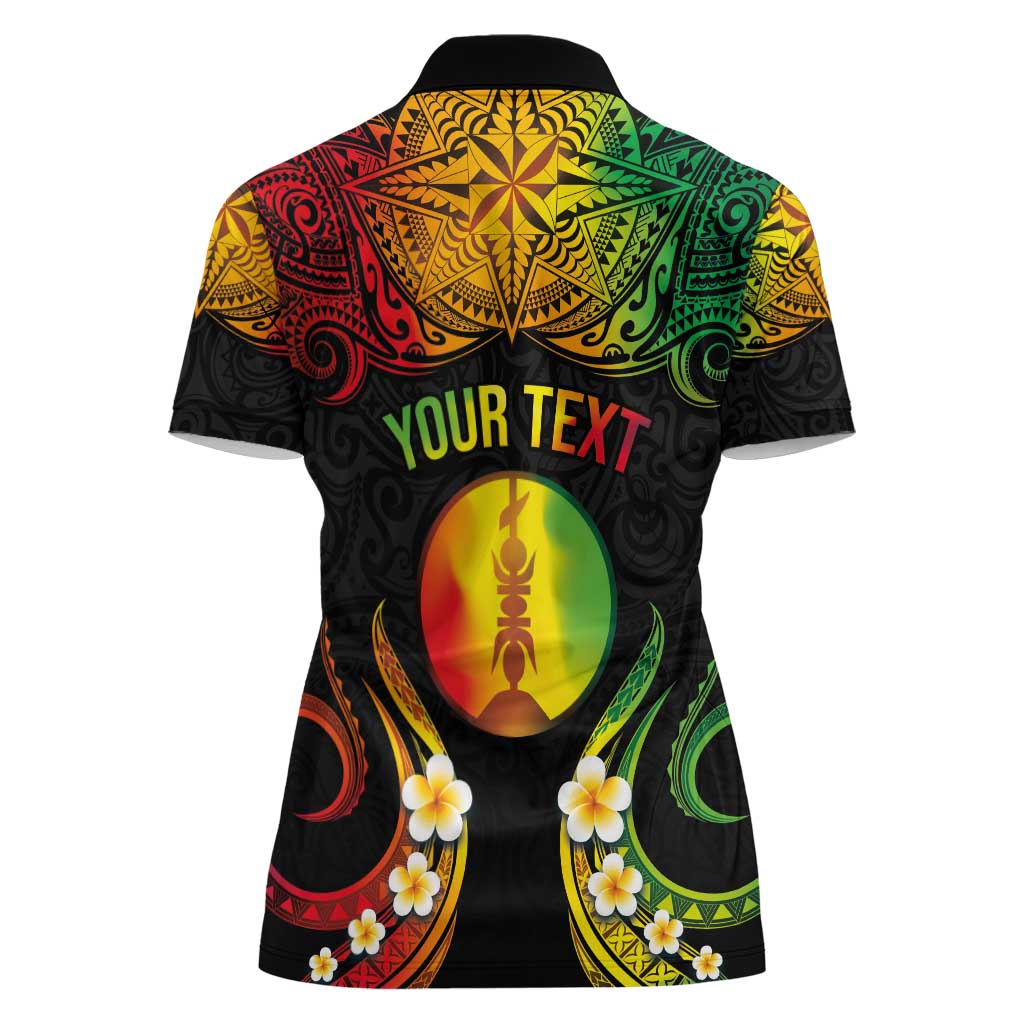 Personalised New Caledonia Independence Day Women Polo Shirt Polynesian Tattoo and Plumeria Reggae Color
