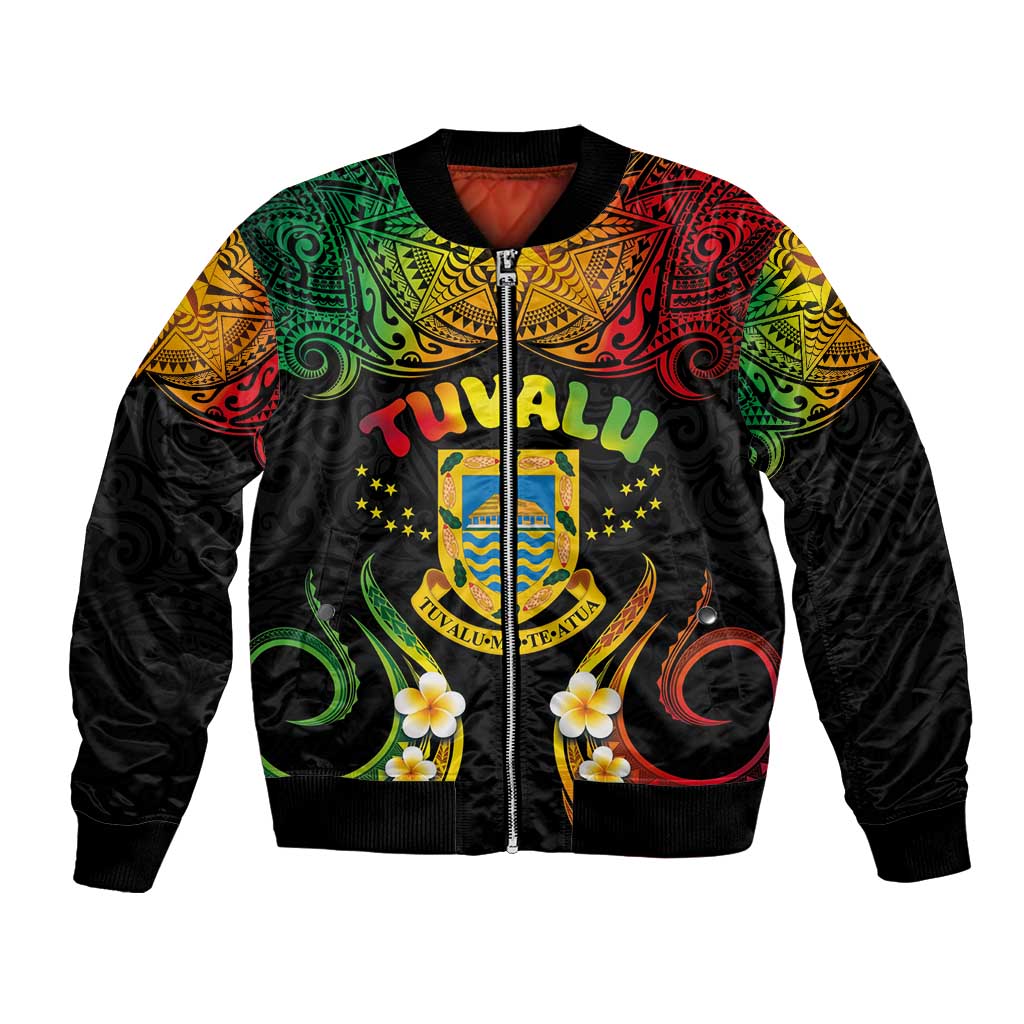 Personalised Tuvalu Independence Day Bomber Jacket Polynesian Tattoo and Plumeria Reggae Color LT03 Unisex Reggae - Polynesian Pride