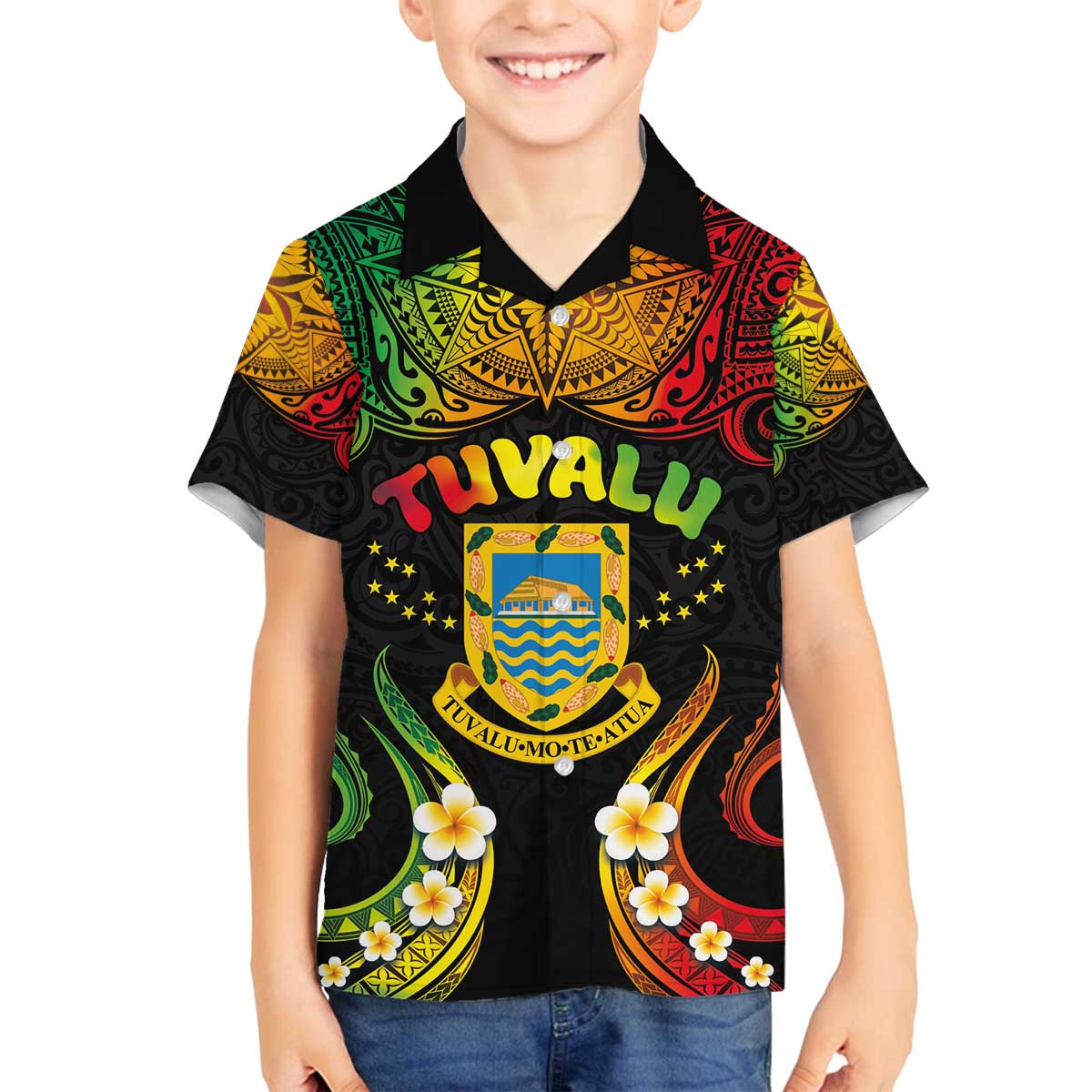 Personalised Tuvalu Independence Day Family Matching Off The Shoulder Long Sleeve Dress and Hawaiian Shirt Polynesian Tattoo and Plumeria Reggae Color LT03 Son's Shirt Reggae - Polynesian Pride
