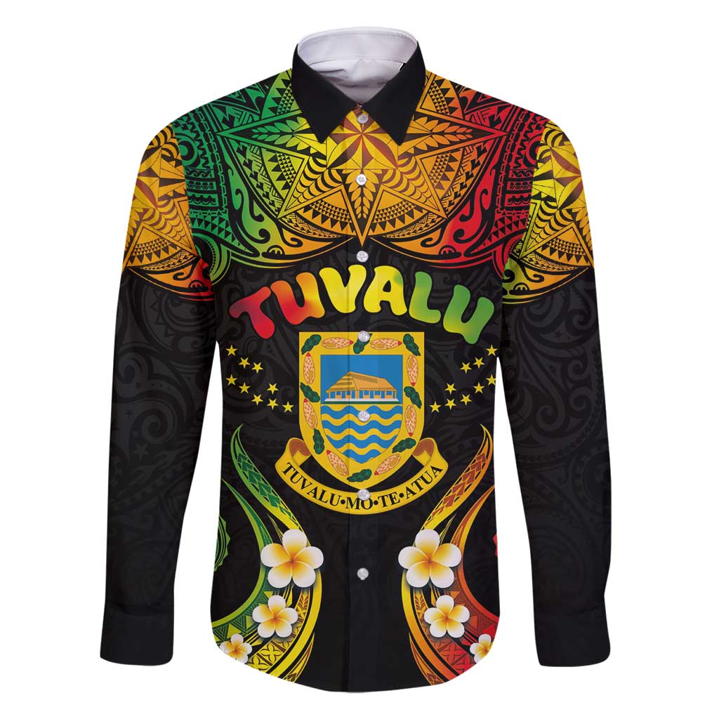 Personalised Tuvalu Independence Day Family Matching Summer Maxi Dress and Hawaiian Shirt Polynesian Tattoo and Plumeria Reggae Color LT03 Dad's Shirt - Long Sleeve Reggae - Polynesian Pride