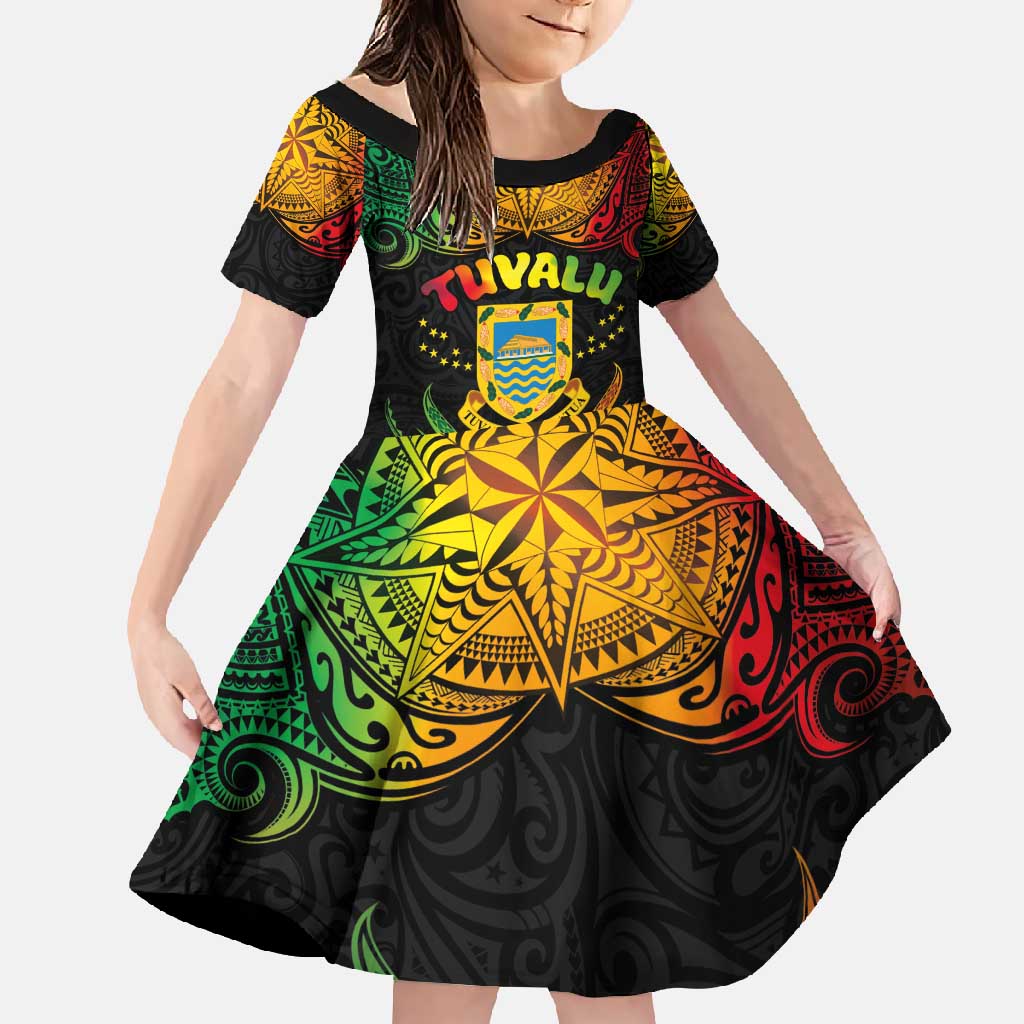 Personalised Tuvalu Independence Day Family Matching Tank Maxi Dress and Hawaiian Shirt Polynesian Tattoo and Plumeria Reggae Color LT03 Daughter's Dress Reggae - Polynesian Pride
