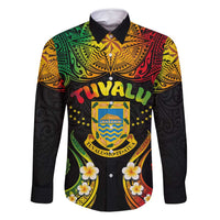 Personalised Tuvalu Independence Day Family Matching Tank Maxi Dress and Hawaiian Shirt Polynesian Tattoo and Plumeria Reggae Color LT03 Dad's Shirt - Long Sleeve Reggae - Polynesian Pride
