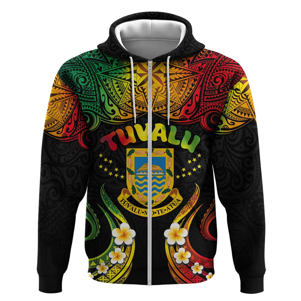 Personalised Tuvalu Independence Day Hoodie Polynesian Tattoo and Plumeria Reggae Color