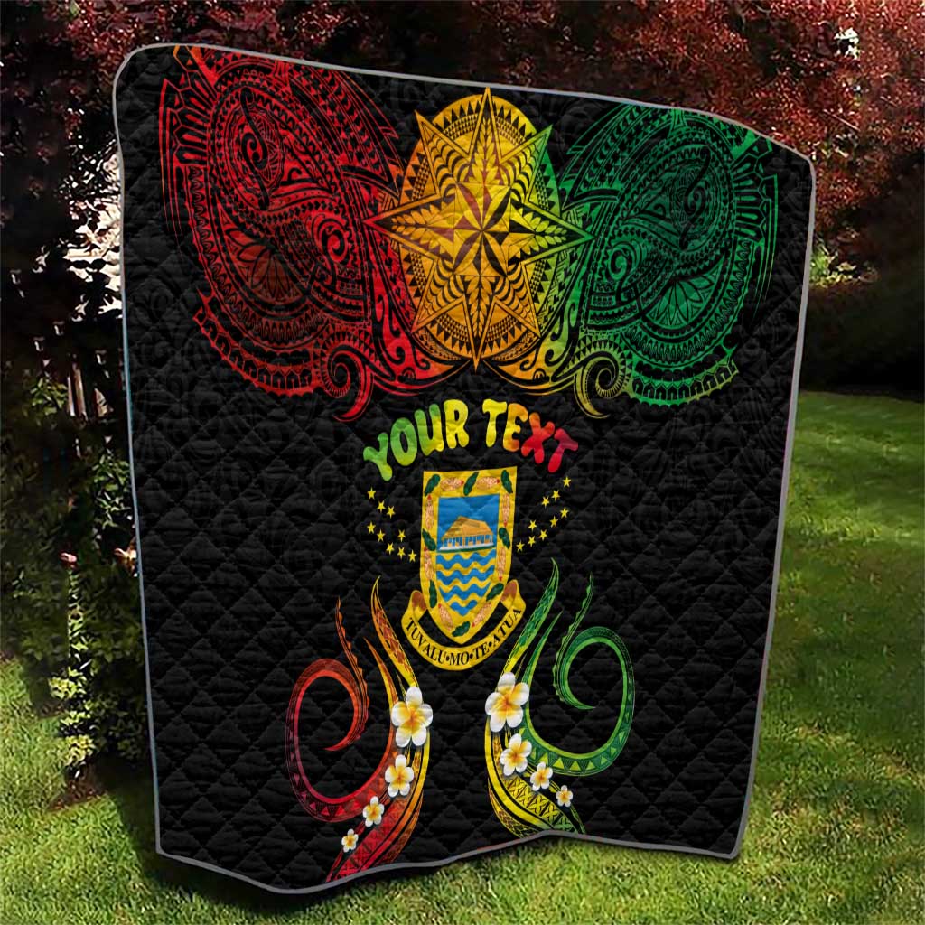 Personalised Tuvalu Independence Day Quilt Polynesian Tattoo and Plumeria Reggae Color