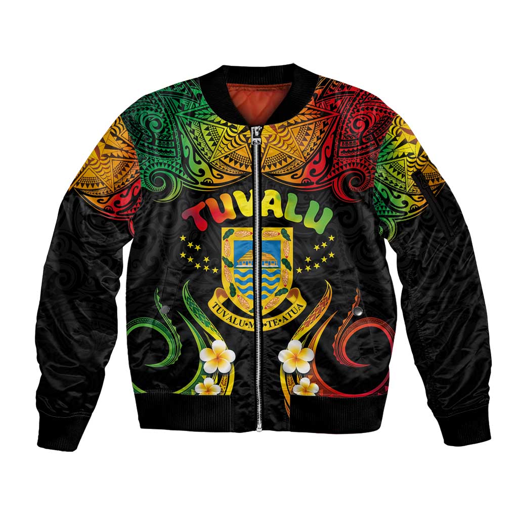Personalised Tuvalu Independence Day Sleeve Zip Bomber Jacket Polynesian Tattoo and Plumeria Reggae Color LT03 Unisex Reggae - Polynesian Pride