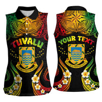 Personalised Tuvalu Independence Day Women Sleeveless Polo Shirt Polynesian Tattoo and Plumeria Reggae Color