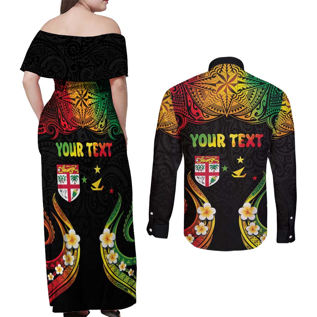 Personalised Malampa Fiji Day Couples Matching Off Shoulder Maxi Dress and Long Sleeve Button Shirt Polynesian Tattoo and Plumeria Reggae Color