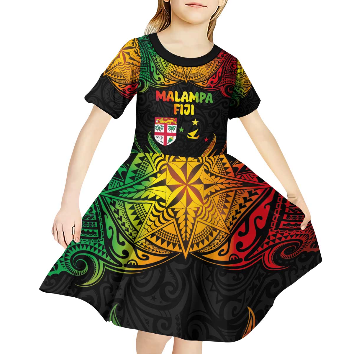 Personalised Malampa Fiji Day Kid Short Sleeve Dress Polynesian Tattoo and Plumeria Reggae Color