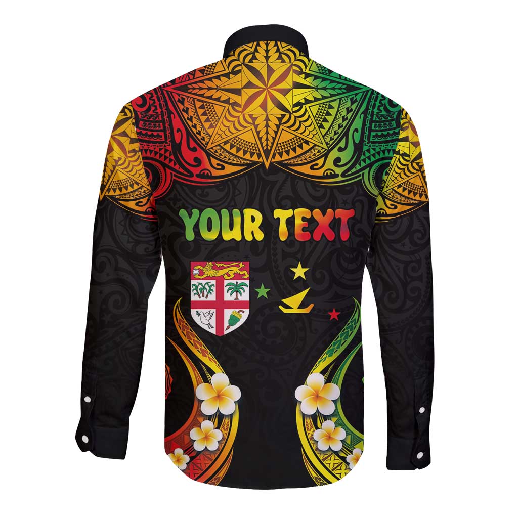 Personalised Malampa Fiji Day Long Sleeve Button Shirt Polynesian Tattoo and Plumeria Reggae Color