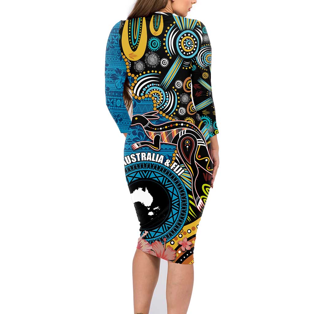 Fiji and Australia Kangaroos Family Matching Long Sleeve Bodycon Dress and Hawaiian Shirt Indigenous Aboriginal and Fijian Masi Tribal Tattoo