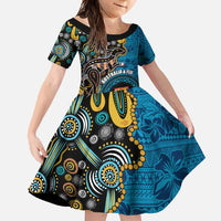 Fiji and Australia Kangaroos Family Matching Mermaid Dress and Hawaiian Shirt Indigenous Aboriginal and Fijian Masi Tribal Tattoo LT03 Daughter's Dress Blue - Polynesian Pride