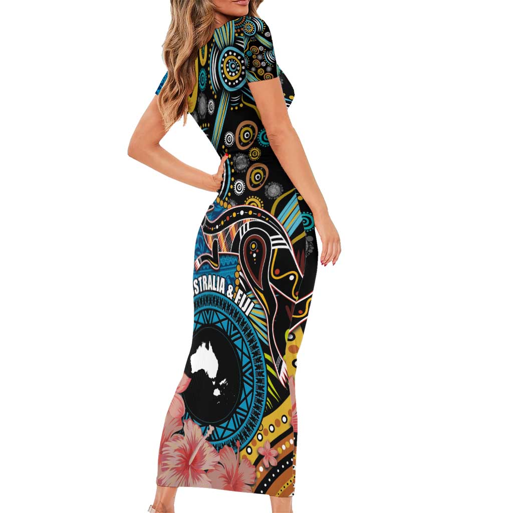 Fiji and Australia Kangaroos Family Matching Short Sleeve Bodycon Dress and Hawaiian Shirt Indigenous Aboriginal and Fijian Masi Tribal Tattoo