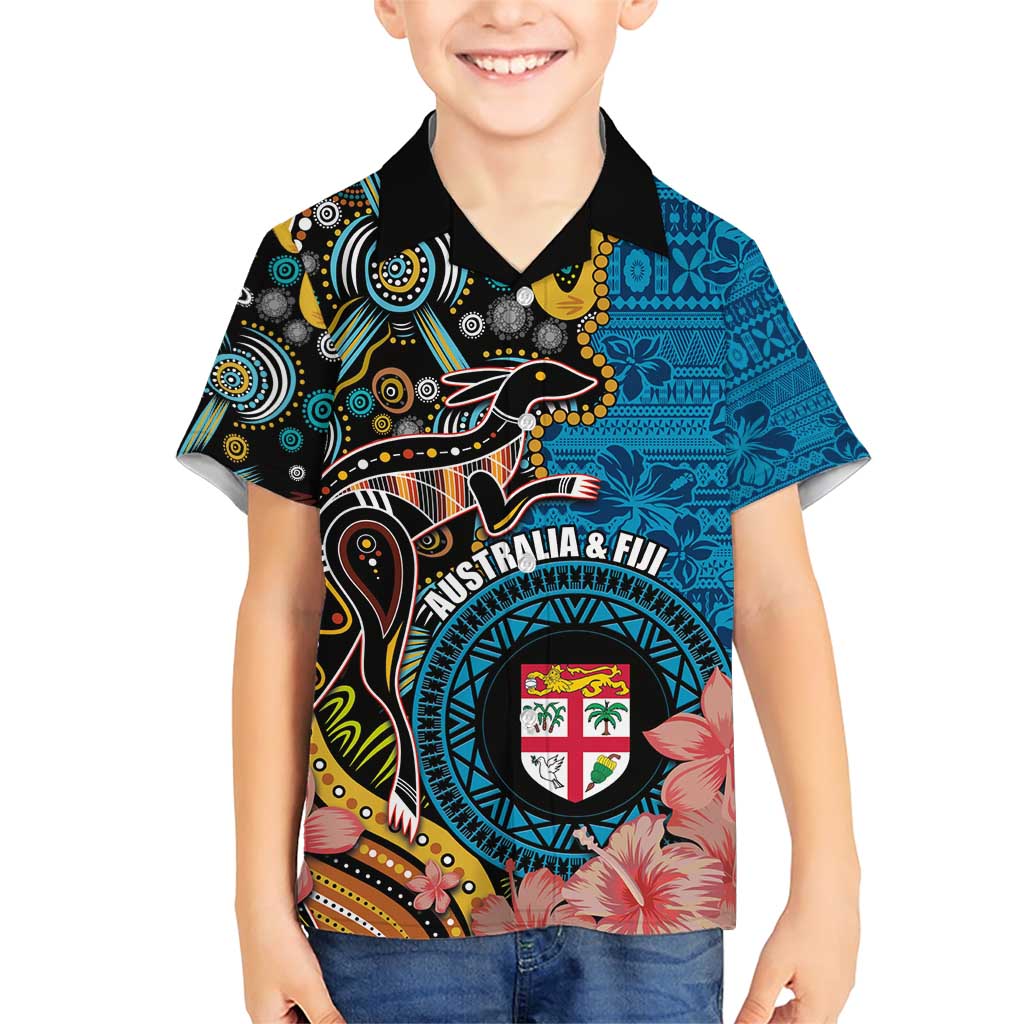 Fiji and Australia Kangaroos Family Matching Short Sleeve Bodycon Dress and Hawaiian Shirt Indigenous Aboriginal and Fijian Masi Tribal Tattoo