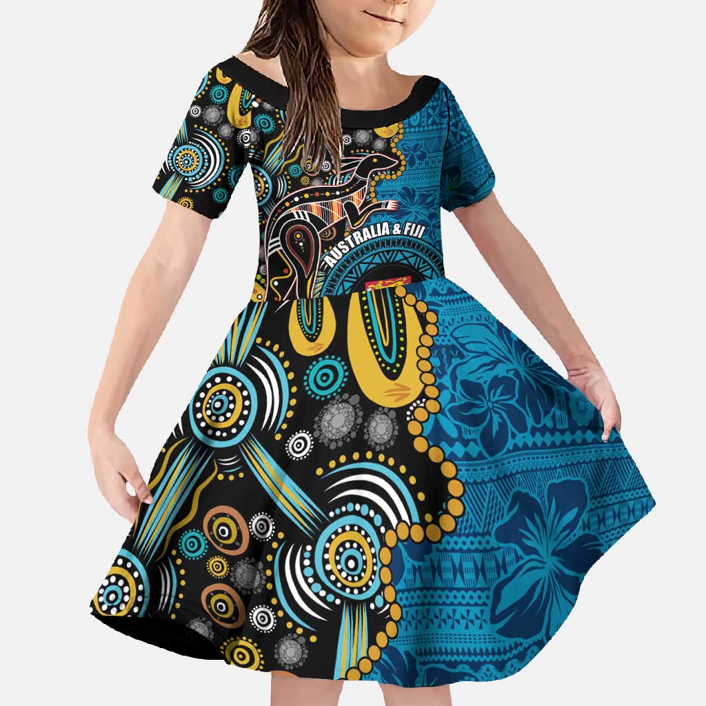 Fiji and Australia Kangaroos Family Matching Tank Maxi Dress and Hawaiian Shirt Indigenous Aboriginal and Fijian Masi Tribal Tattoo LT03 Daughter's Dress Blue - Polynesian Pride