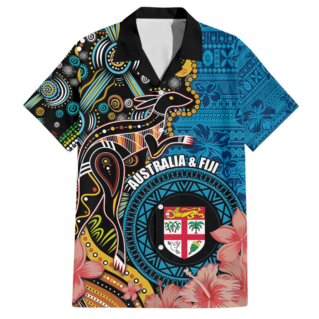 Fiji and Australia Kangaroos Family Matching Tank Maxi Dress and Hawaiian Shirt Indigenous Aboriginal and Fijian Masi Tribal Tattoo LT03 Dad's Shirt - Short Sleeve Blue - Polynesian Pride