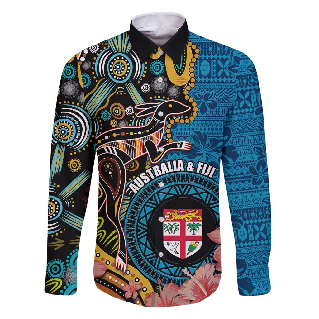 Fiji and Australia Kangaroos Family Matching Tank Maxi Dress and Hawaiian Shirt Indigenous Aboriginal and Fijian Masi Tribal Tattoo LT03 Dad's Shirt - Long Sleeve Blue - Polynesian Pride
