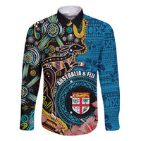 Fiji and Australia Kangaroos Family Matching Tank Maxi Dress and Hawaiian Shirt Indigenous Aboriginal and Fijian Masi Tribal Tattoo LT03 Dad's Shirt - Long Sleeve Blue - Polynesian Pride