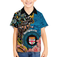 Fiji and Australia Kangaroos Family Matching Tank Maxi Dress and Hawaiian Shirt Indigenous Aboriginal and Fijian Masi Tribal Tattoo LT03 Son's Shirt Blue - Polynesian Pride