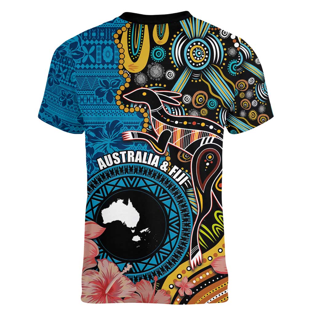 Fiji and Australia Kangaroos Women V-Neck T-Shirt Indigenous Aboriginal and Fijian Masi Tribal Tattoo