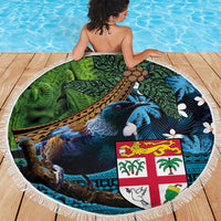 Fiji and New Zealand Tui Bird Beach Blanket Koru Fern Leafs and Palm Tree With Plumeria