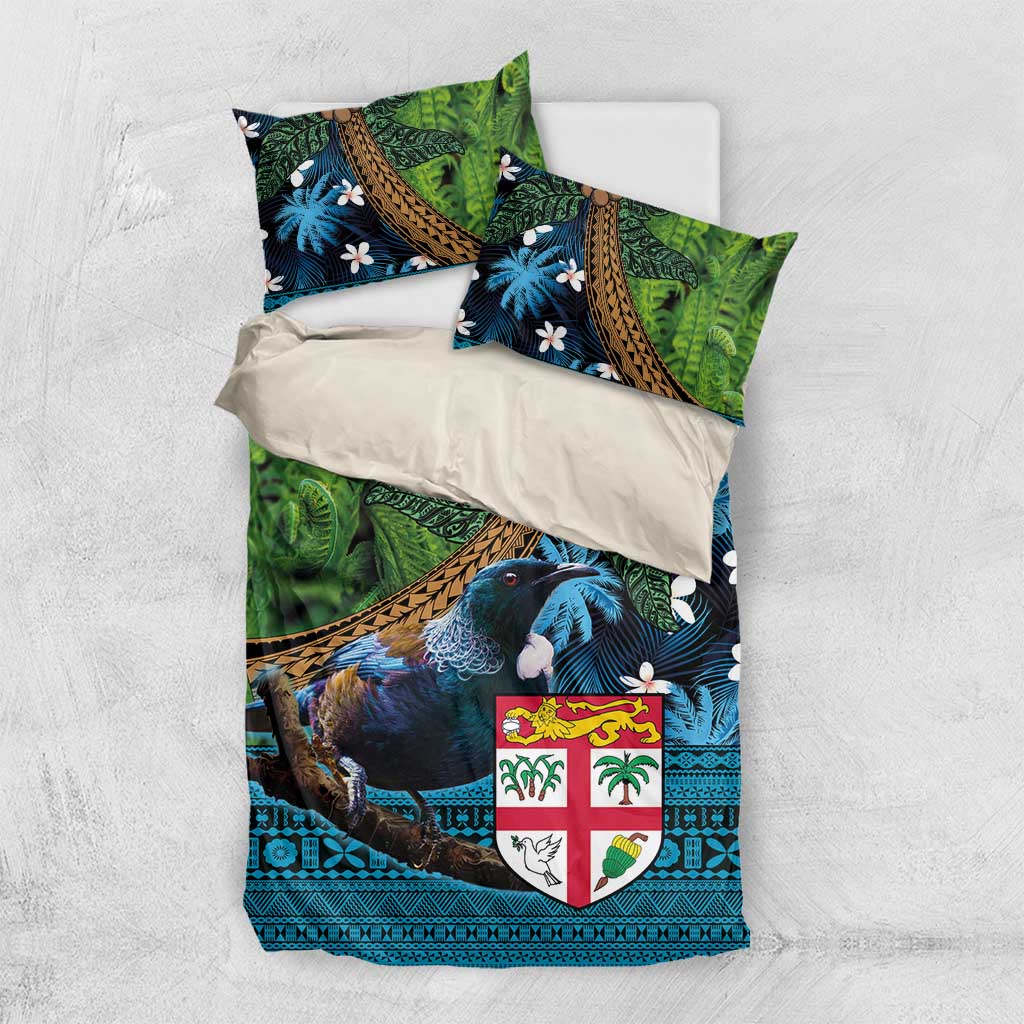 Fiji and New Zealand Tui Bird Bedding Set Koru Fern Leafs and Palm Tree With Plumeria