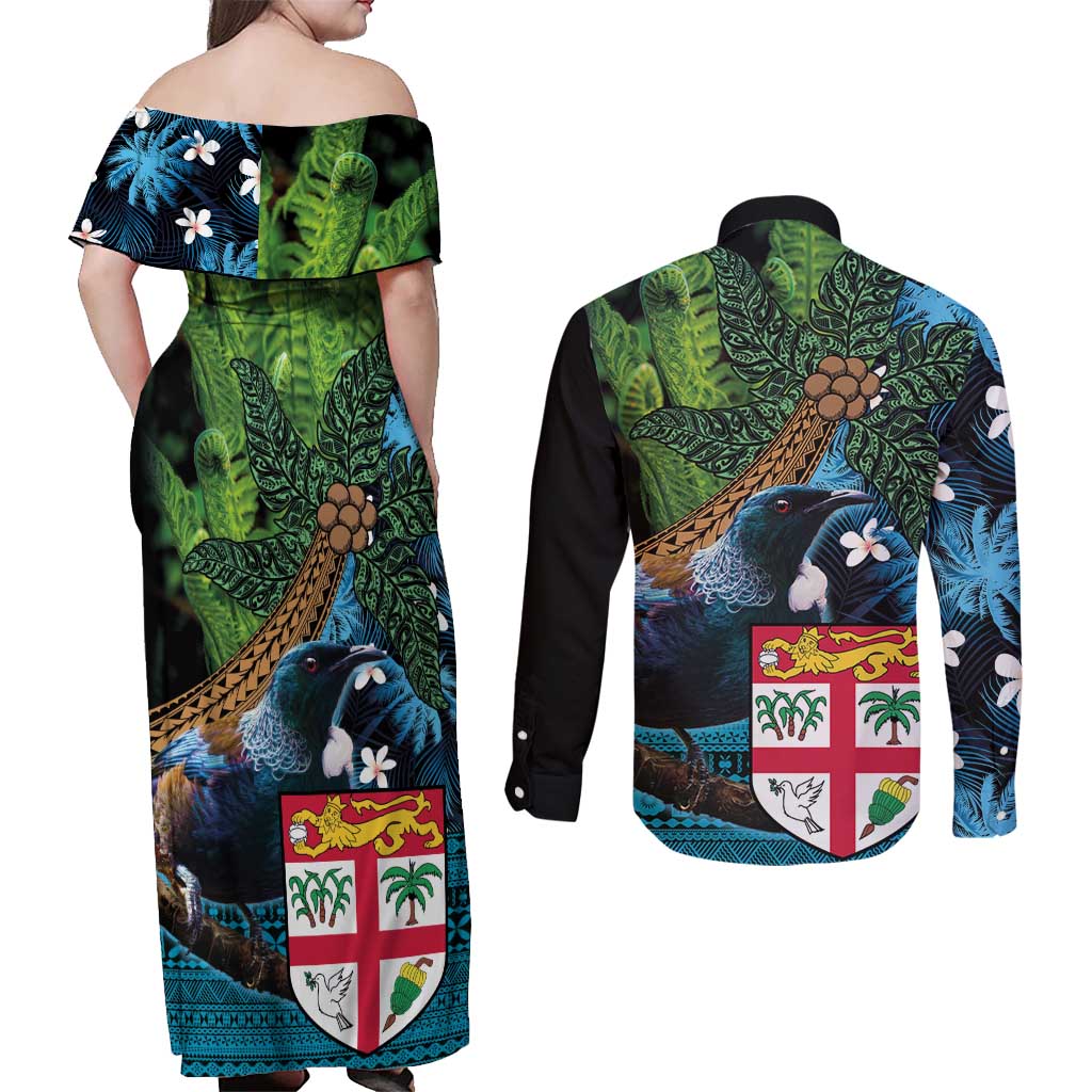Fiji and New Zealand Tui Bird Couples Matching Off Shoulder Maxi Dress and Long Sleeve Button Shirt Koru Fern Leafs and Palm Tree With Plumeria