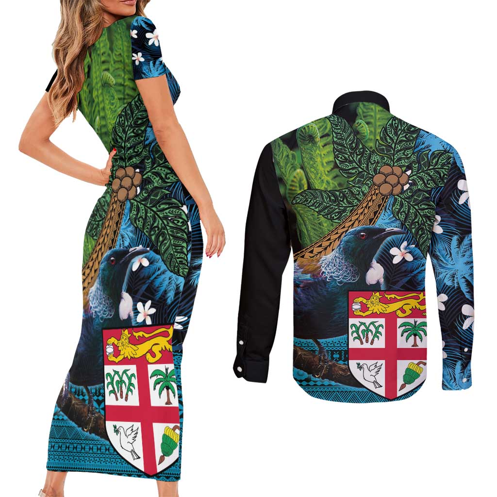 Fiji and New Zealand Tui Bird Couples Matching Short Sleeve Bodycon Dress and Long Sleeve Button Shirt Koru Fern Leafs and Palm Tree With Plumeria