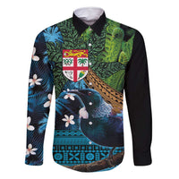 Fiji and New Zealand Tui Bird Family Matching Mermaid Dress and Hawaiian Shirt Koru Fern Leafs and Palm Tree With Plumeria LT03 Dad's Shirt - Long Sleeve Blue - Polynesian Pride