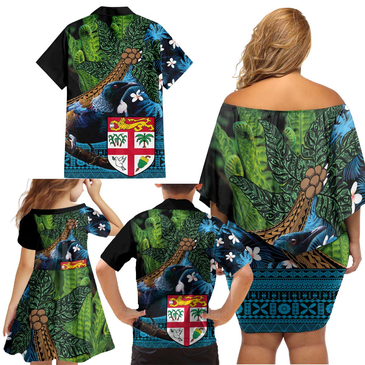 Fiji and New Zealand Tui Bird Family Matching Off Shoulder Short Dress and Hawaiian Shirt Koru Fern Leafs and Palm Tree With Plumeria