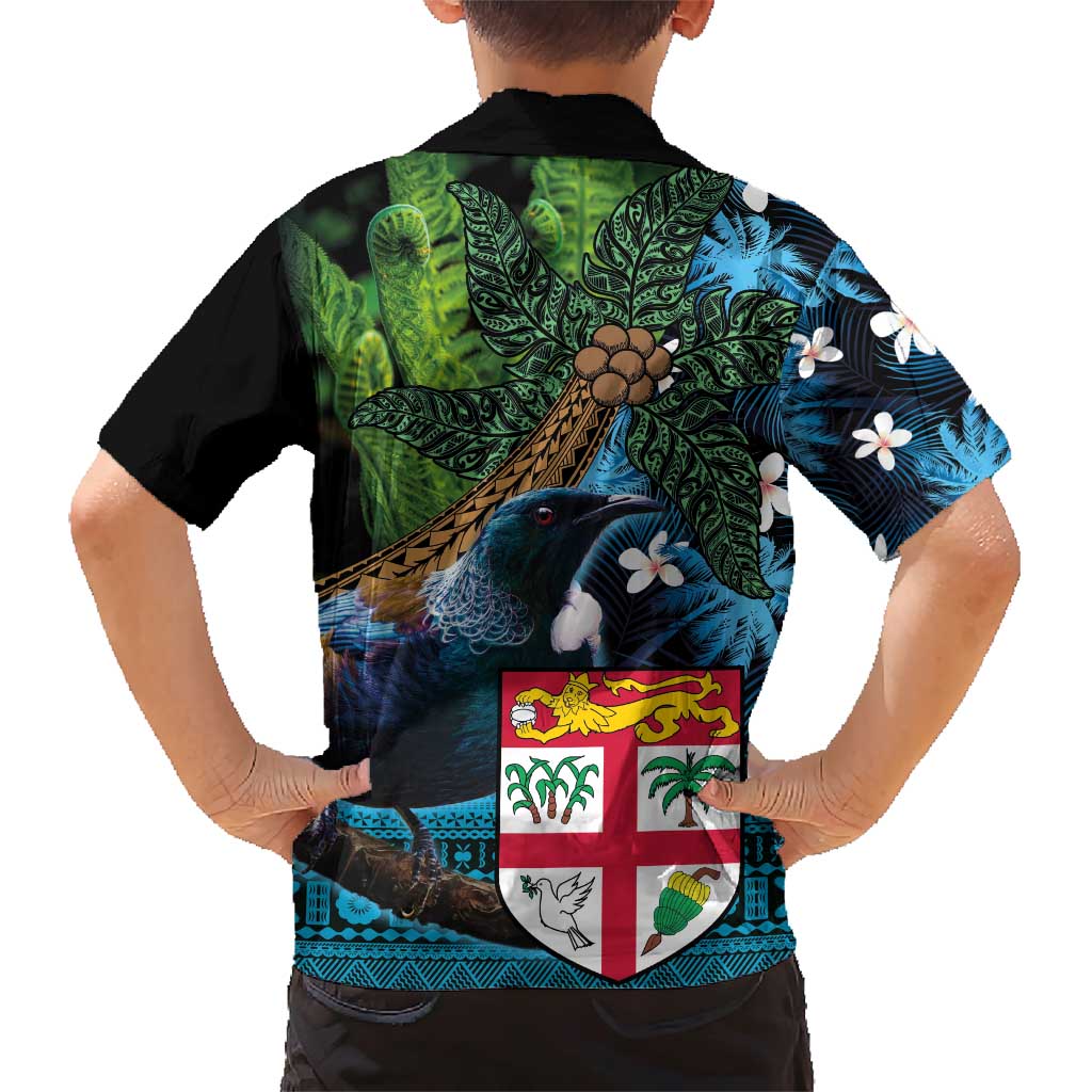 Fiji and New Zealand Tui Bird Family Matching Short Sleeve Bodycon Dress and Hawaiian Shirt Koru Fern Leafs and Palm Tree With Plumeria LT03 - Polynesian Pride