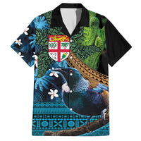 Fiji and New Zealand Tui Bird Family Matching Short Sleeve Bodycon Dress and Hawaiian Shirt Koru Fern Leafs and Palm Tree With Plumeria LT03 Dad's Shirt - Short Sleeve Blue - Polynesian Pride