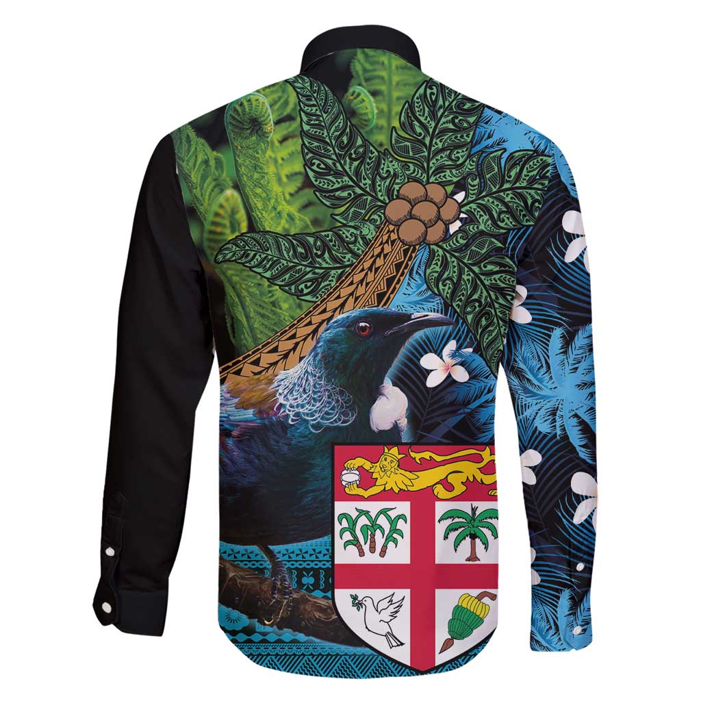 Fiji and New Zealand Tui Bird Family Matching Short Sleeve Bodycon Dress and Hawaiian Shirt Koru Fern Leafs and Palm Tree With Plumeria LT03 - Polynesian Pride