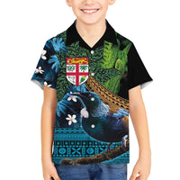 Fiji and New Zealand Tui Bird Family Matching Short Sleeve Bodycon Dress and Hawaiian Shirt Koru Fern Leafs and Palm Tree With Plumeria LT03 Son's Shirt Blue - Polynesian Pride