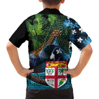 Fiji and New Zealand Tui Bird Family Matching Tank Maxi Dress and Hawaiian Shirt Koru Fern Leafs and Palm Tree With Plumeria LT03 - Polynesian Pride