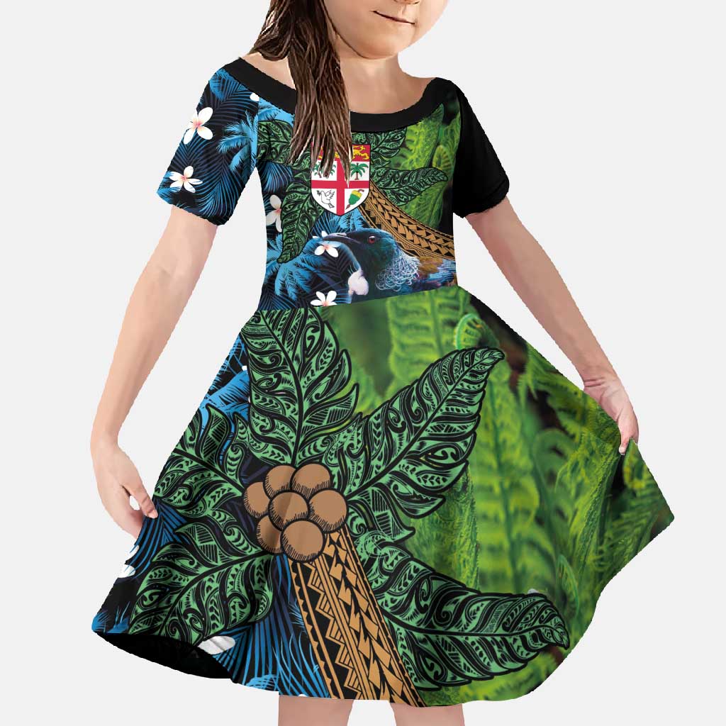 Fiji and New Zealand Tui Bird Family Matching Tank Maxi Dress and Hawaiian Shirt Koru Fern Leafs and Palm Tree With Plumeria LT03 Daughter's Dress Blue - Polynesian Pride