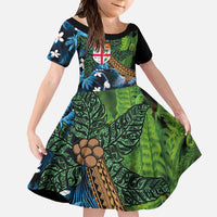 Fiji and New Zealand Tui Bird Family Matching Tank Maxi Dress and Hawaiian Shirt Koru Fern Leafs and Palm Tree With Plumeria LT03 Daughter's Dress Blue - Polynesian Pride