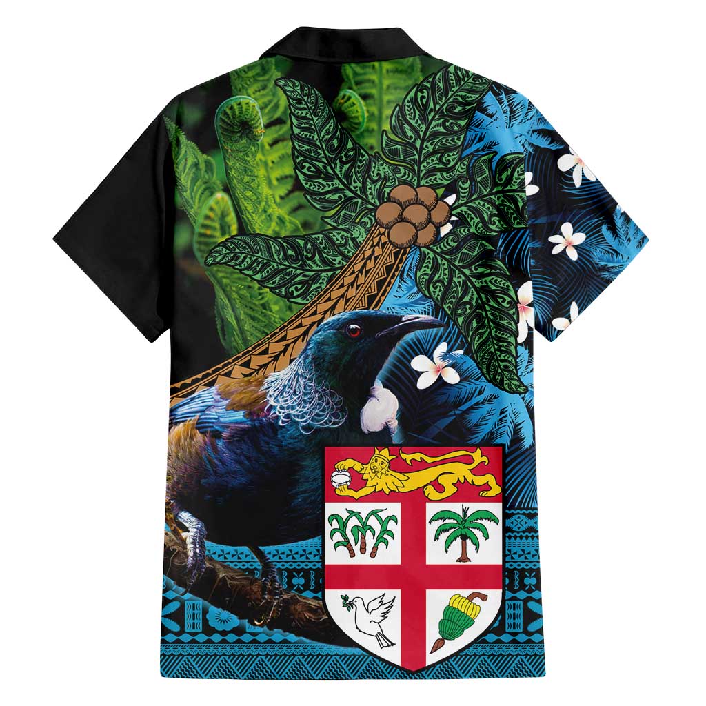 Fiji and New Zealand Tui Bird Family Matching Tank Maxi Dress and Hawaiian Shirt Koru Fern Leafs and Palm Tree With Plumeria LT03 - Polynesian Pride