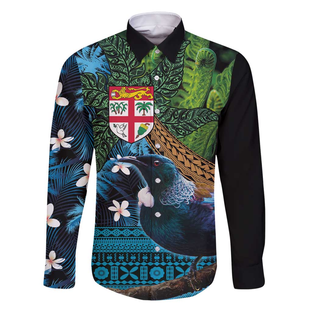 Fiji and New Zealand Tui Bird Family Matching Tank Maxi Dress and Hawaiian Shirt Koru Fern Leafs and Palm Tree With Plumeria LT03 Dad's Shirt - Long Sleeve Blue - Polynesian Pride
